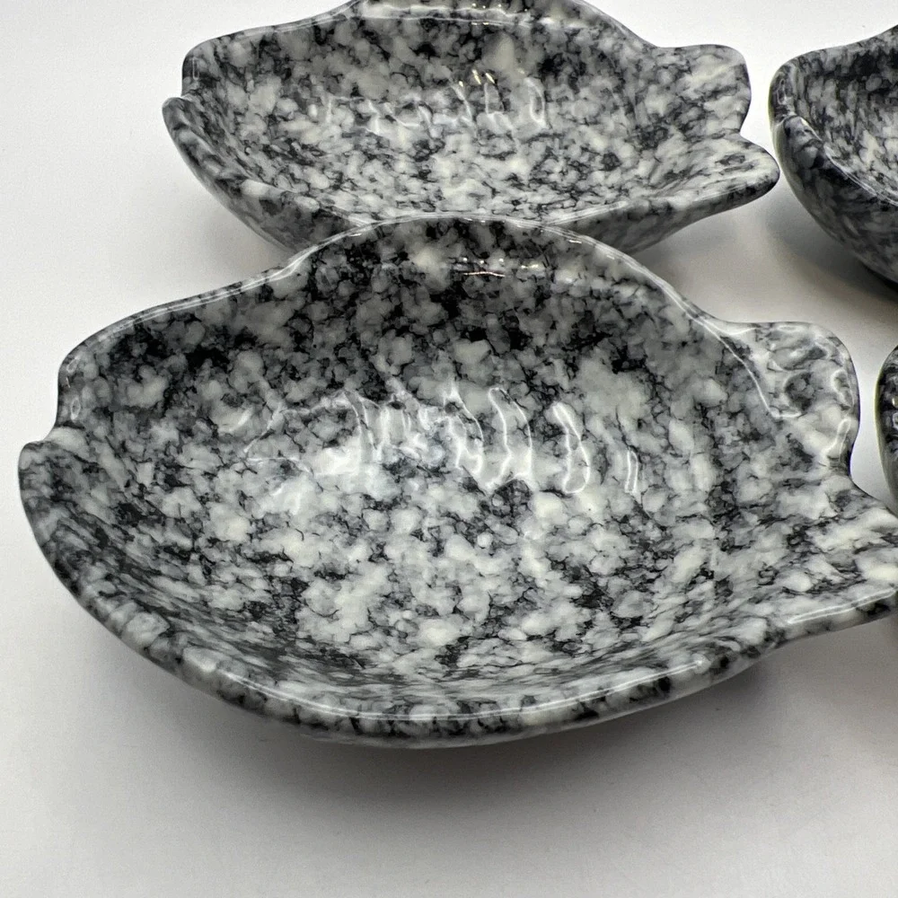 Set of 4 Grey Stone Ceramic Fish Shaped Dipping Dishes Sauce Bowls Fin Scoops